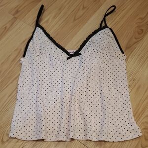 Y2K He Loves Me White and Black Polka Dot Cami Tank Top